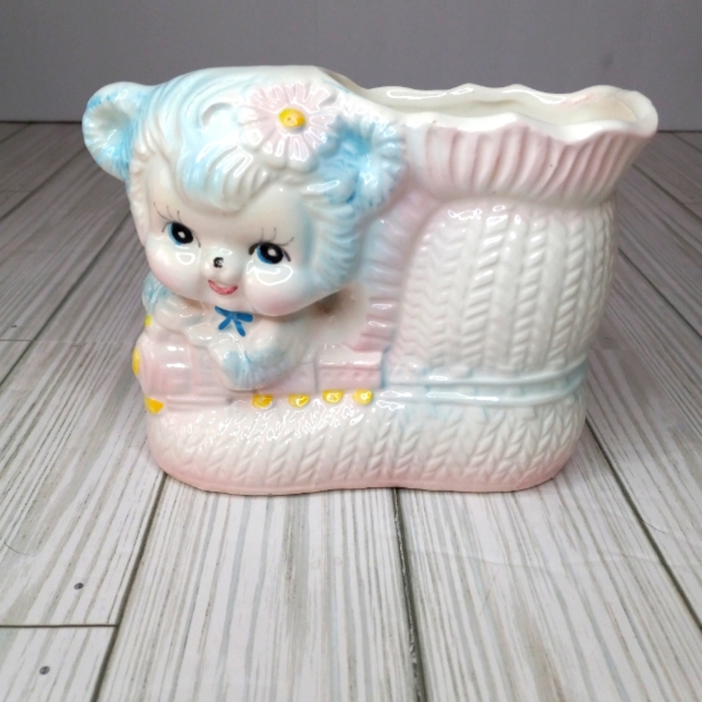 Vintage Kitsch Pastel Coquette Whimsy Teddy Bear On Train Shoe Planter